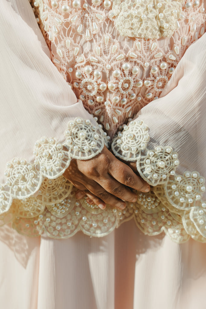 Powder Pink Pearl Kaftan with Crochet Cape & Hand-Embroidered Lace