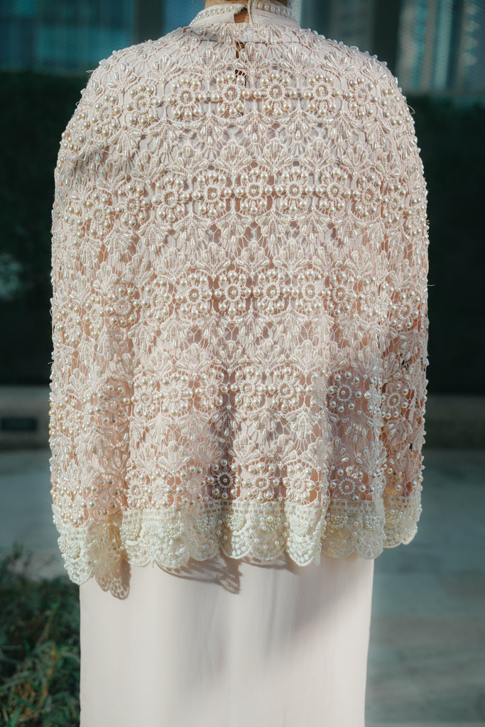 Powder Pink Pearl Kaftan with Crochet Cape & Hand-Embroidered Lace