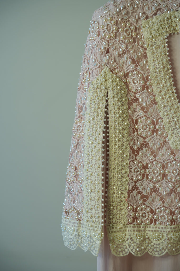 Powder Pink Pearl Kaftan with Crochet Cape & Hand-Embroidered Lace