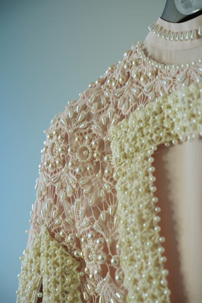 Powder Pink Pearl Kaftan with Crochet Cape & Hand-Embroidered Lace