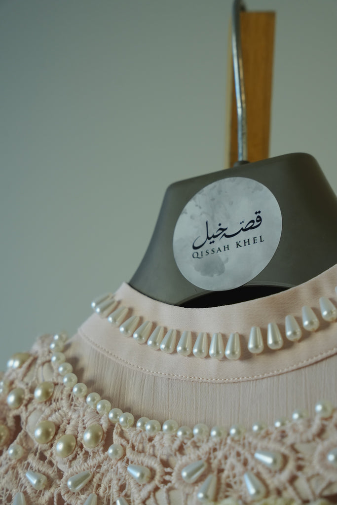 Powder Pink Pearl Kaftan with Crochet Cape & Hand-Embroidered Lace