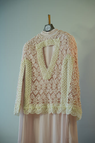 Powder Pink Pearl Kaftan with Crochet Cape & Hand-Embroidered Lace