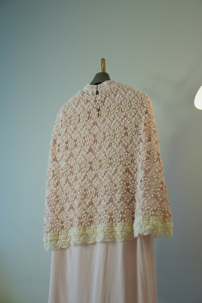 Powder Pink Pearl Kaftan with Crochet Cape & Hand-Embroidered Lace
