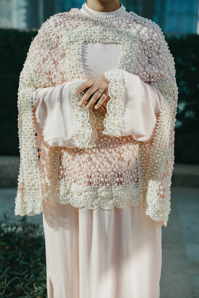Powder Pink Pearl Kaftan with Crochet Cape & Hand-Embroidered Lace