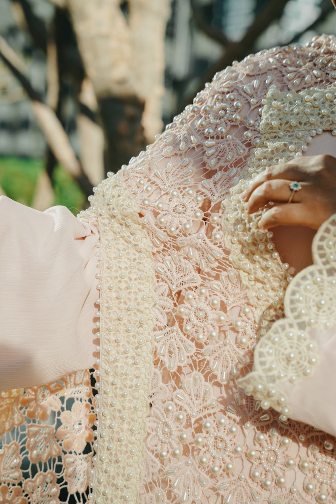 Powder Pink Pearl Kaftan with Crochet Cape & Hand-Embroidered Lace