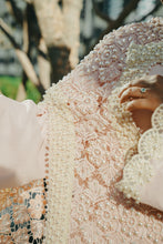 Load image into Gallery viewer, Powder Pink Pearl Kaftan with Crochet Cape &amp; Hand-Embroidered Lace