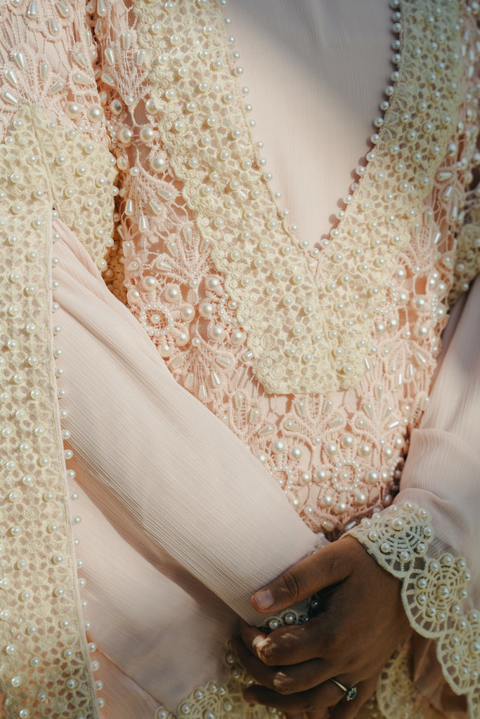 Powder Pink Pearl Kaftan with Crochet Cape & Hand-Embroidered Lace