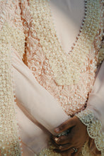 Load image into Gallery viewer, Powder Pink Pearl Kaftan with Crochet Cape &amp; Hand-Embroidered Lace