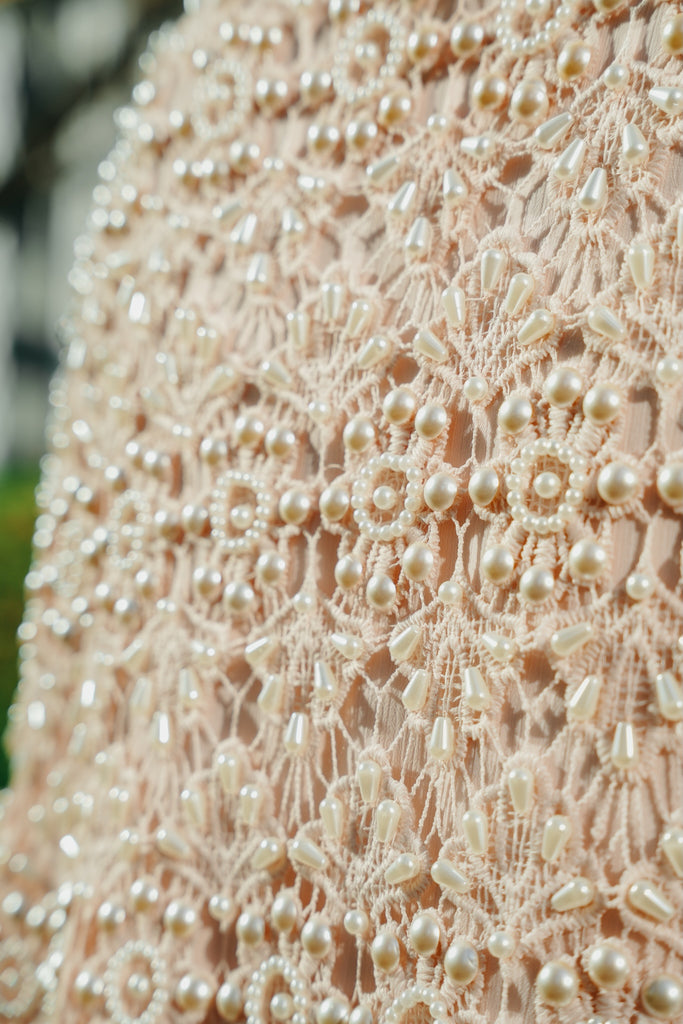 Powder Pink Pearl Kaftan with Crochet Cape & Hand-Embroidered Lace