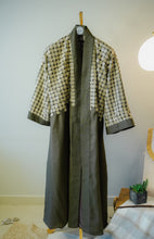 Load image into Gallery viewer, Olive green linen abaya with hand-worked stone lace and wide bisht sleeves.