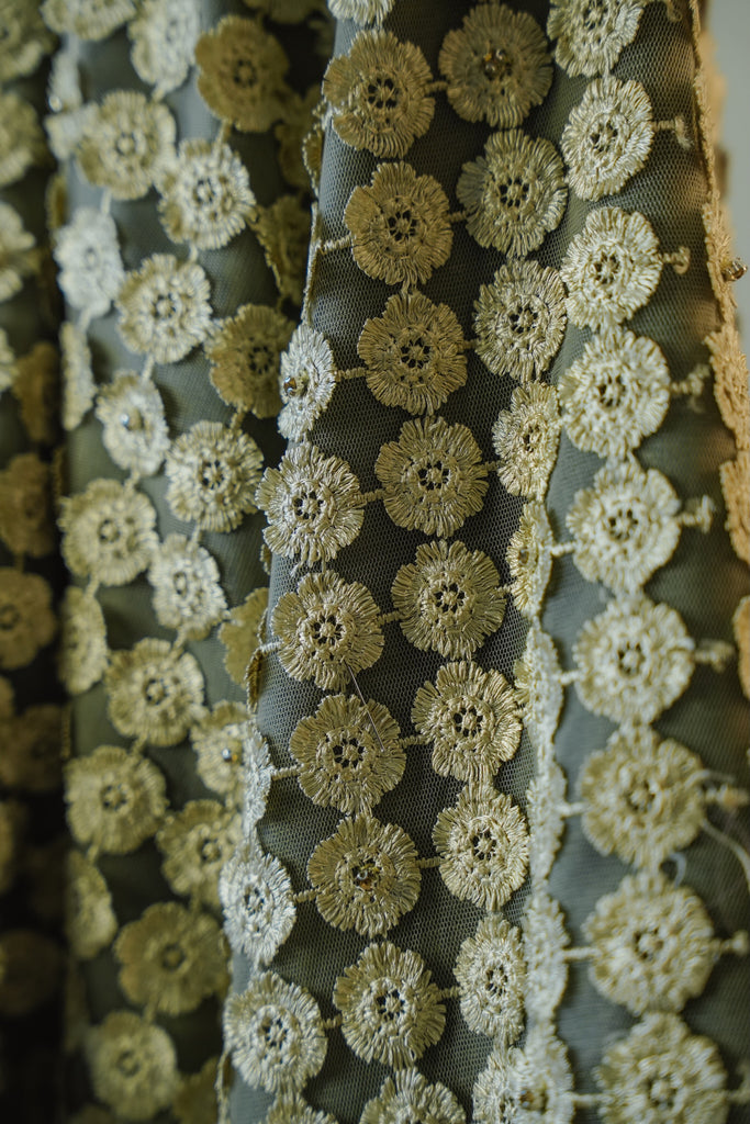 Olive Green Free-Size Linen Bisht with Hand-Stoned Lace Details