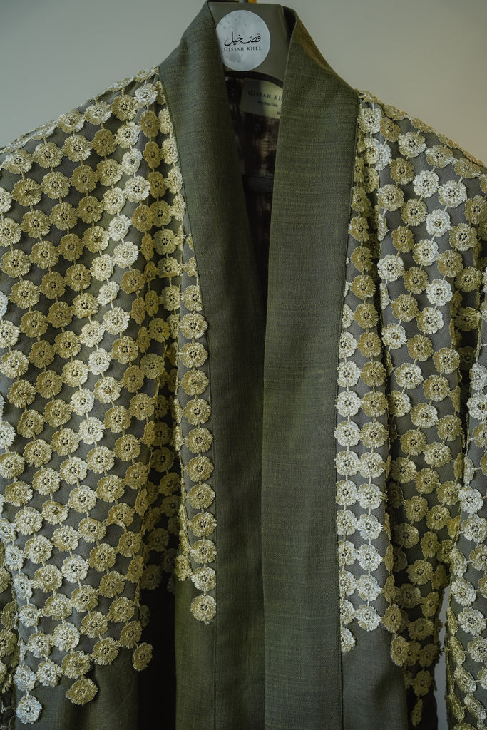 Olive Green Free-Size Linen Bisht with Hand-Stoned Lace Details