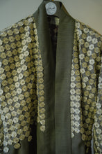 Load image into Gallery viewer, Olive Green Free-Size Linen Bisht with Hand-Stoned Lace Details