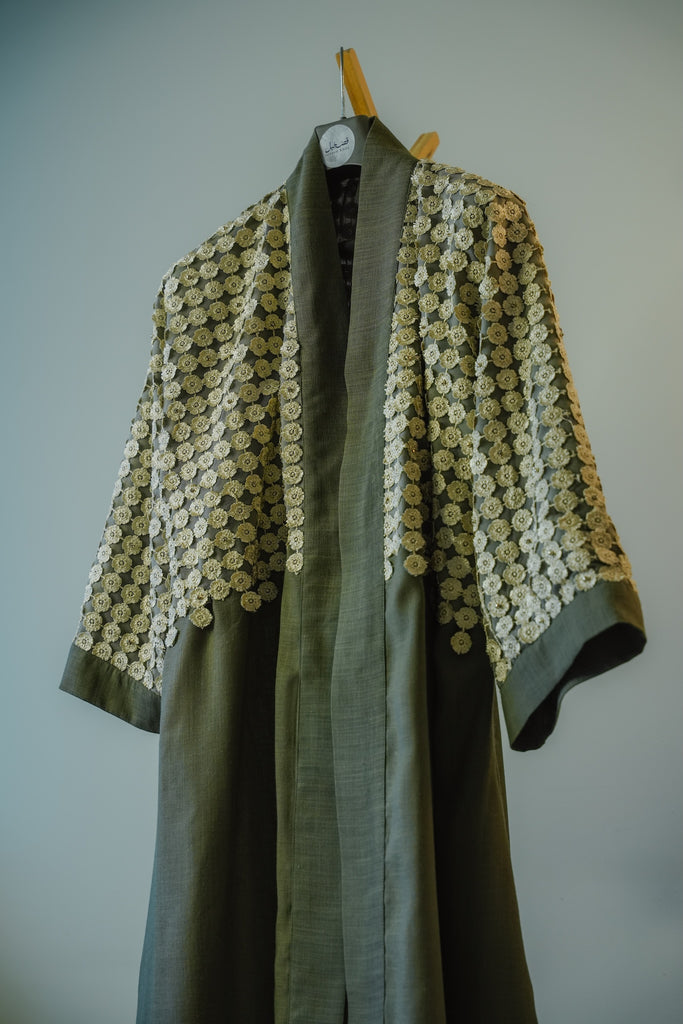 Olive Green Free-Size Linen Bisht with Hand-Stoned Lace Details
