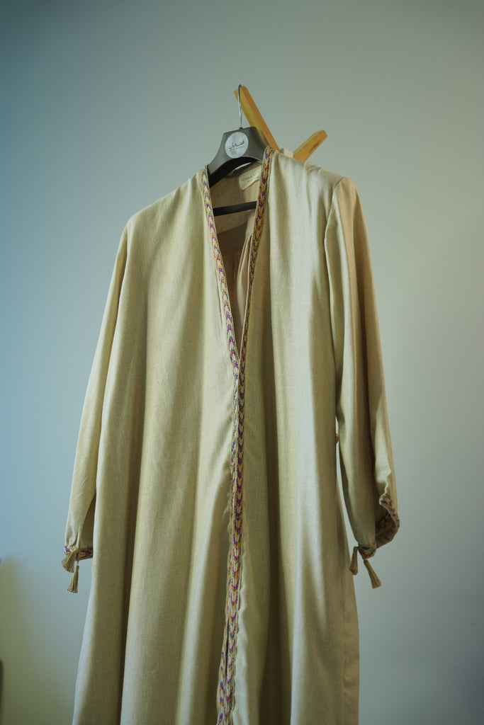 Sandy Beige Natural Linen Abaya with Jute Lace & Traditional Back Detail
