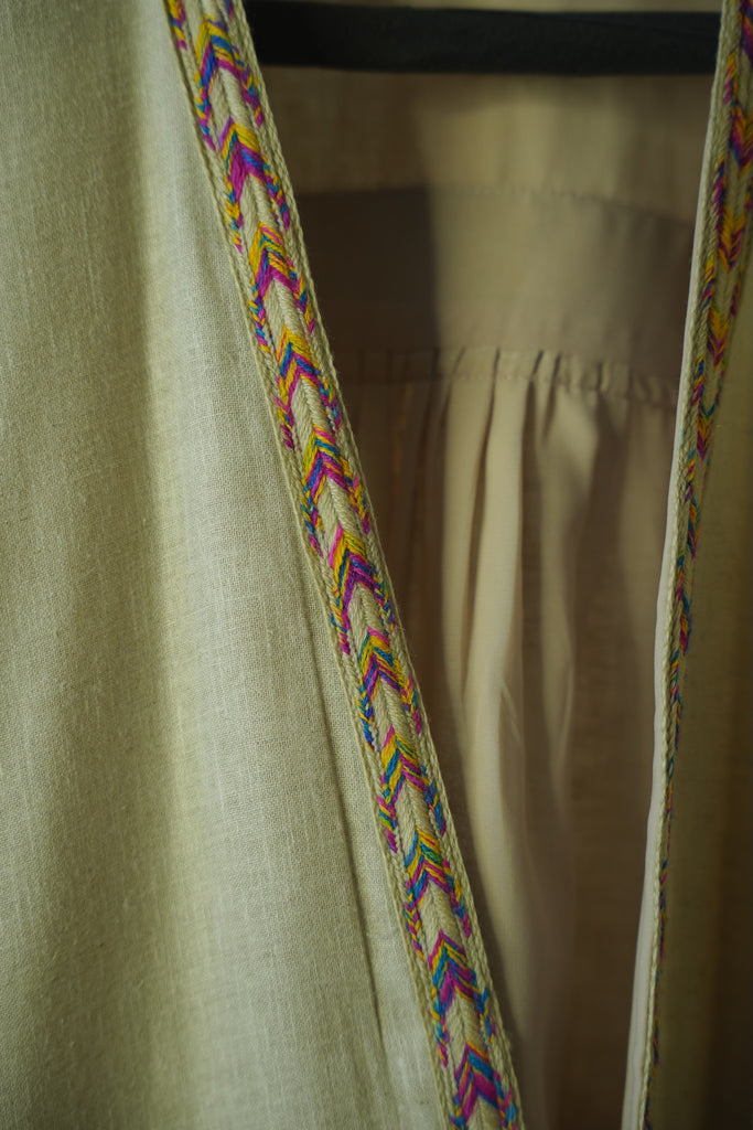 Sandy Beige Natural Linen Abaya with Jute Lace & Traditional Back Detail