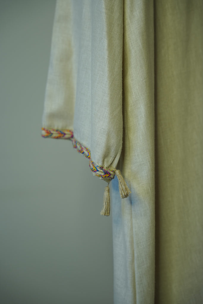 Sandy Beige Natural Linen Abaya with Jute Lace & Traditional Back Detail
