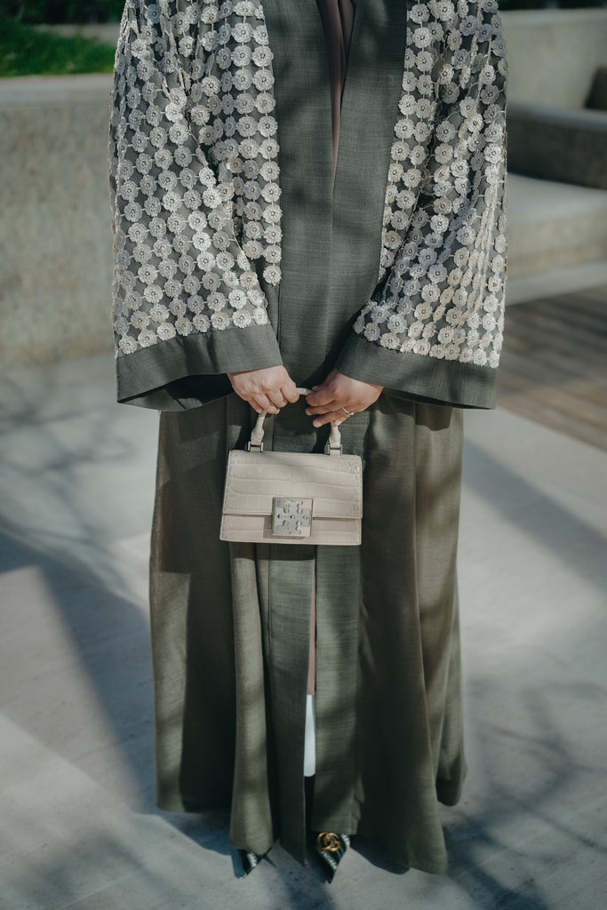 Olive Green Free-Size Linen Bisht with Hand-Stoned Lace Details