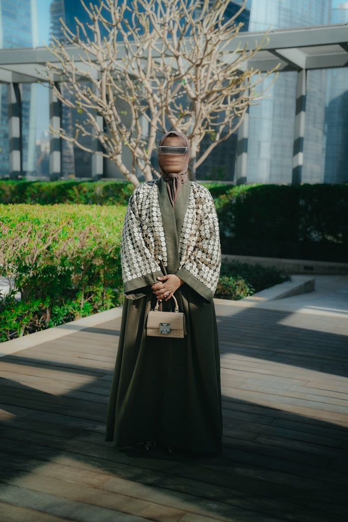 Olive Green Free-Size Linen Bisht with Hand-Stoned Lace Details