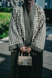 Olive Green Free-Size Linen Bisht with Hand-Stoned Lace Details