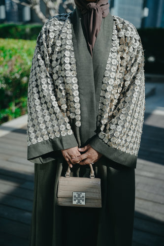 Olive Green Free-Size Linen Bisht with Hand-Stoned Lace Details