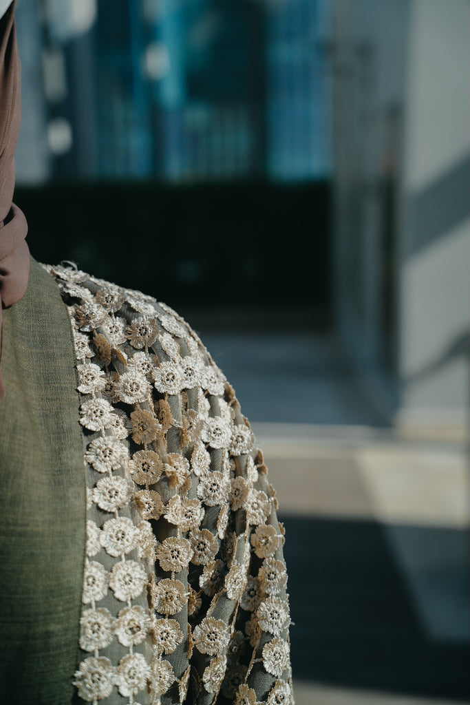 Olive Green Free-Size Linen Bisht with Hand-Stoned Lace Details