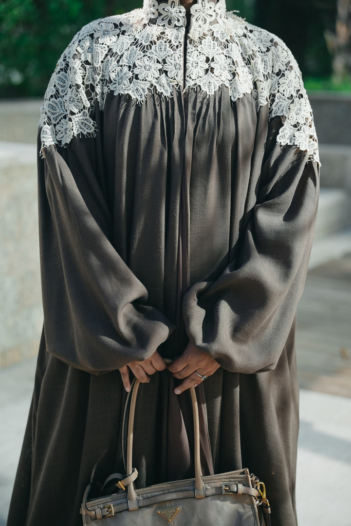 Coco Brown Linen Abaya with Crochet Lace & Pleated Details