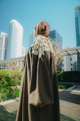 Coco Brown Linen Abaya with Crochet Lace & Pleated Details