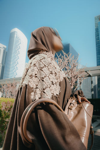 Coco Brown Linen Abaya with Crochet Lace & Pleated Details