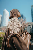 Coco Brown Linen Abaya with Crochet Lace & Pleated Details