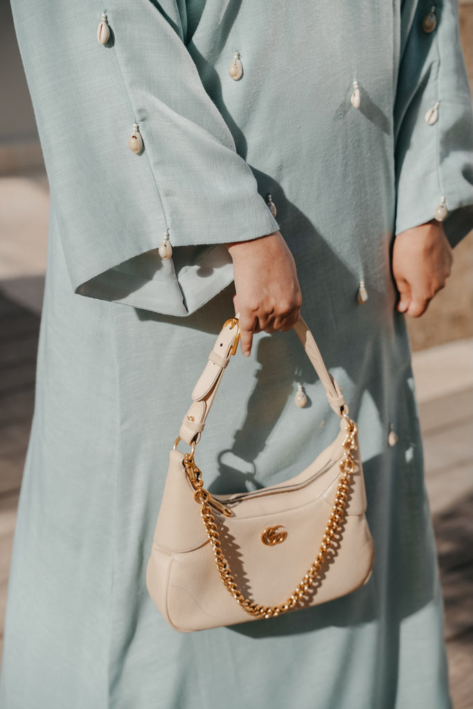 Aquatic Marine Linen Bisht with Hand-Sorted Seashell Embellishments