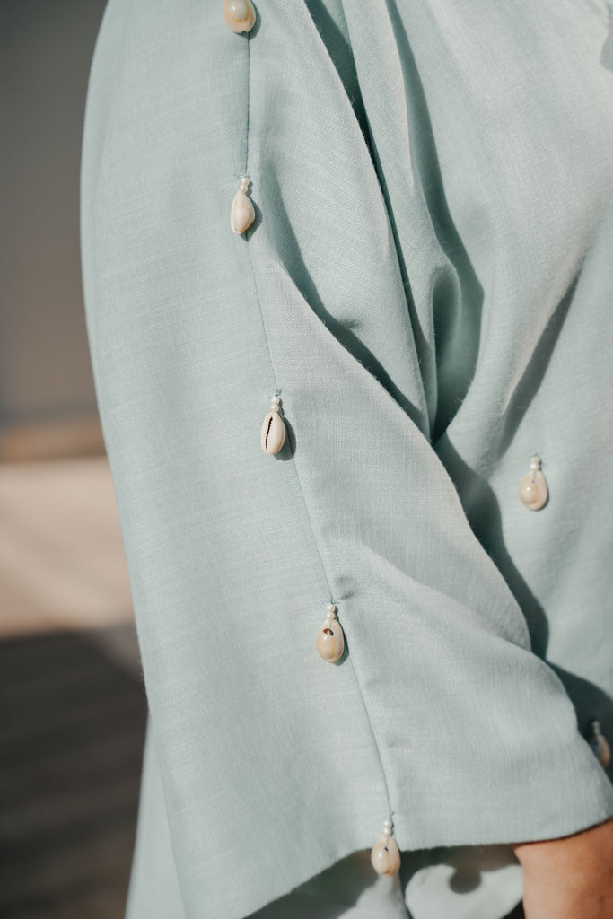 Aquatic Marine Linen Bisht with Hand-Sorted Seashell Embellishments