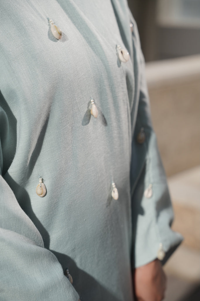 Aquatic Marine Linen Bisht with Hand-Sorted Seashell Embellishments