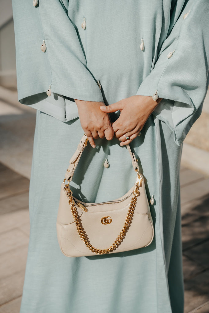 Aquatic Marine Linen Bisht with Hand-Sorted Seashell Embellishments