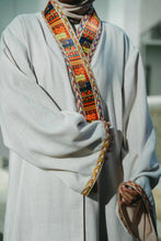 Load image into Gallery viewer, Macchiato Beige Structured Linen Abaya with Crop-Top Illusion &amp; Broad Lace