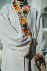 Macchiato Beige Structured Linen Abaya with Crop-Top Illusion & Broad Lace