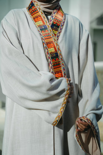 Macchiato Beige Structured Linen Abaya with Crop-Top Illusion & Broad Lace