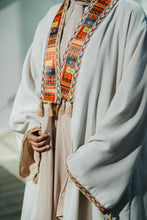 Load image into Gallery viewer, Macchiato Beige Structured Linen Abaya with Crop-Top Illusion &amp; Broad Lace