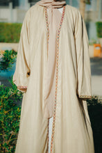 Load image into Gallery viewer, Sandy Beige Natural Linen Abaya with Jute Lace &amp; Traditional Back Detail