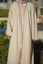 Load image into Gallery viewer, Sandy Beige Natural Linen Abaya with Jute Lace &amp; Traditional Back Detail