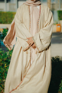 Sandy Beige Natural Linen Abaya with Jute Lace & Traditional Back Detail