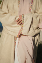 Load image into Gallery viewer, Sandy Beige Natural Linen Abaya with Jute Lace &amp; Traditional Back Detail