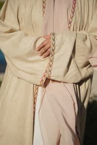 Sandy Beige Natural Linen Abaya with Jute Lace & Traditional Back Detail