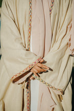 Load image into Gallery viewer, Sandy Beige Natural Linen Abaya with Jute Lace &amp; Traditional Back Detail