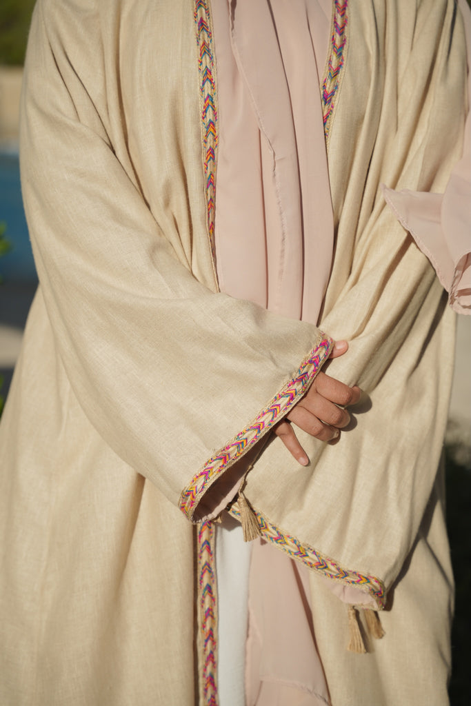 Sandy Beige Natural Linen Abaya with Jute Lace & Traditional Back Detail