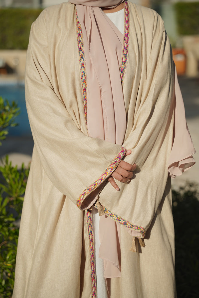 Sandy Beige Natural Linen Abaya with Jute Lace & Traditional Back Detail