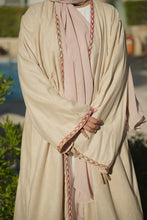 Load image into Gallery viewer, Sandy Beige Natural Linen Abaya with Jute Lace &amp; Traditional Back Detail
